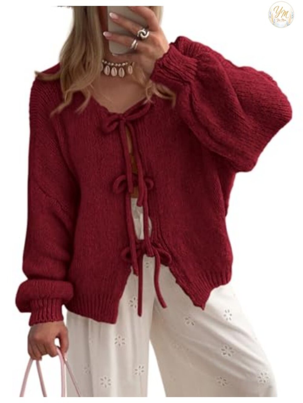 Women's Tie Front Bow Cardigan Sweater Long Sleeve Cable Knit